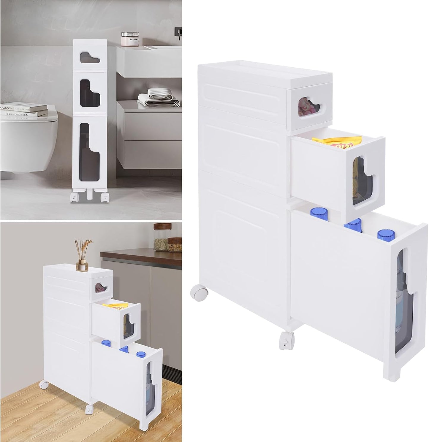 Narrow Bathroom Storage Cabinet with Drawers, 5.5" Slim Floor Standing Rolling Cart on Lockable Wheels, PP Unit with Toilet Paper Holder for Small Space, Kitchen, Laundry Room (3 Tier)