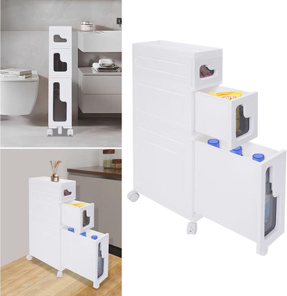 Narrow Bathroom Storage Cabinet with Drawers, 5.5" Slim Floor Standing Rolling Cart on Lockable Wheels, PP Unit with Toilet Paper Holder for Small Space, Kitchen, Laundry Room (3 Tier)