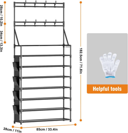 OYREL Shoe Rack, 5 Tier Shoes Storage Organizer, with Functional Hooks and Side Pocket, 20-25 Pairs, for Closet/Entrance/Entryway, Sneaker and Boot Stackable Free Standing Shoe Rack