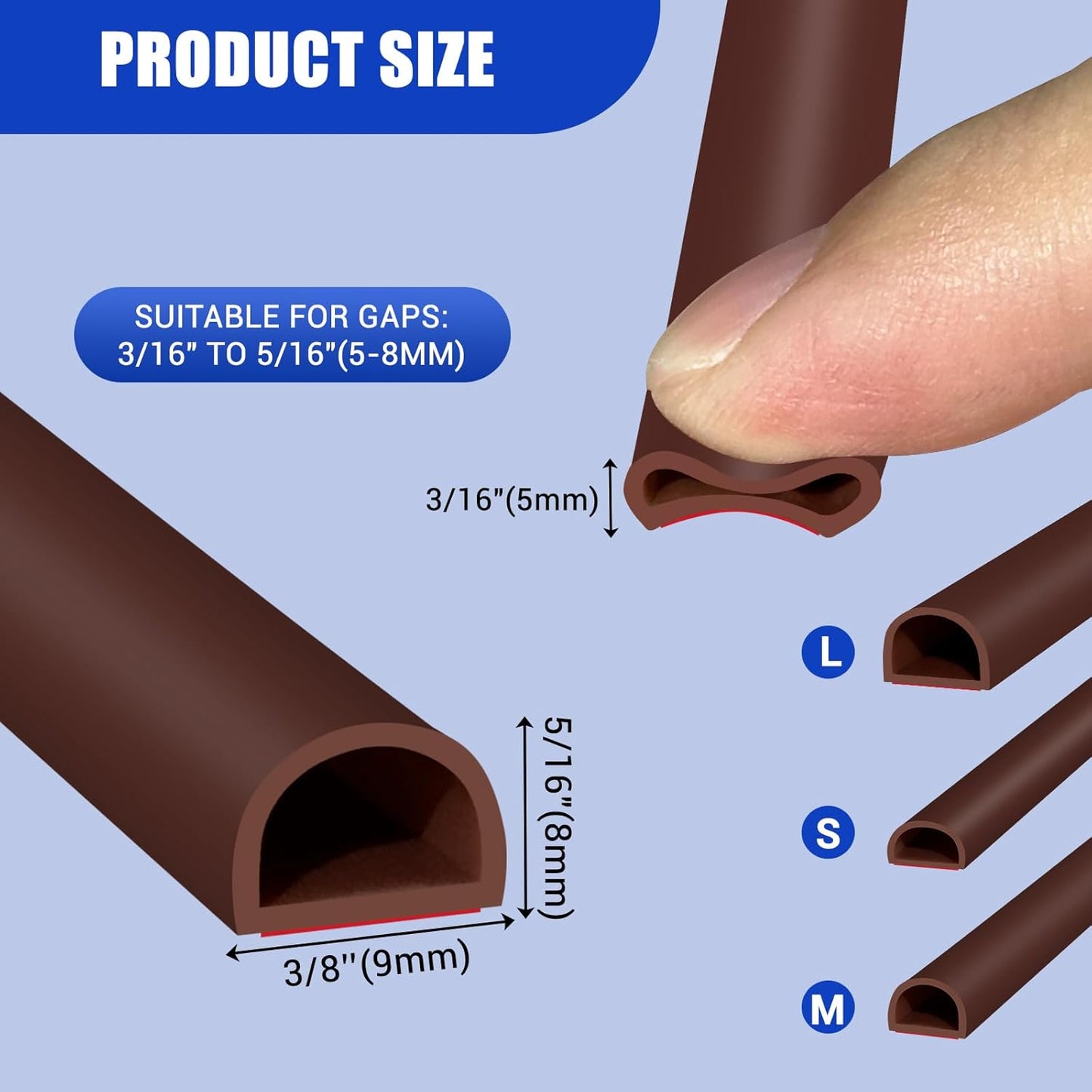 Weather Stripping Door Seal Self Adhesive Weather Strip Silicone D Shaped Door Seal Strip for Door Frame/Window Seal, 20Ft, Brown (3/8" W × 1/4" T)