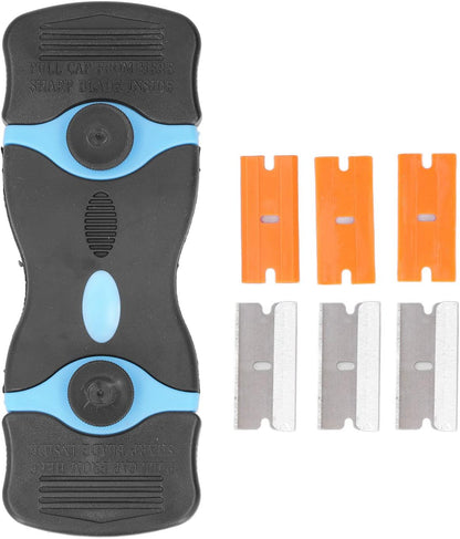 Oumefar Plastic Blades, 2 in 1 Scraper Tool ABS Blade Scrapers Stainless Steel Blades for Removing Stubborn Grease and Burnt Spills on Glass Stoves, Ovens Grills(Black+Blue)