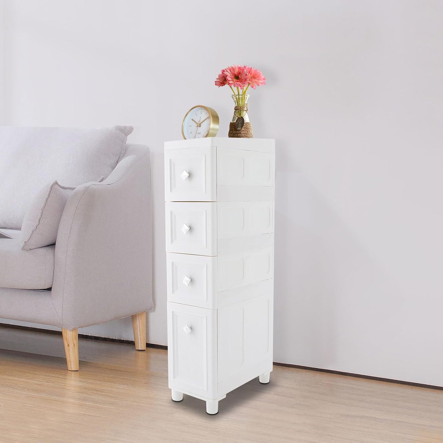 Slim Bathroom Storage Cabinet Freestanding Narrow Plastic Rolling Cart Bathroom Organizer with Drawers for Small Space Office, White (4-Tier)