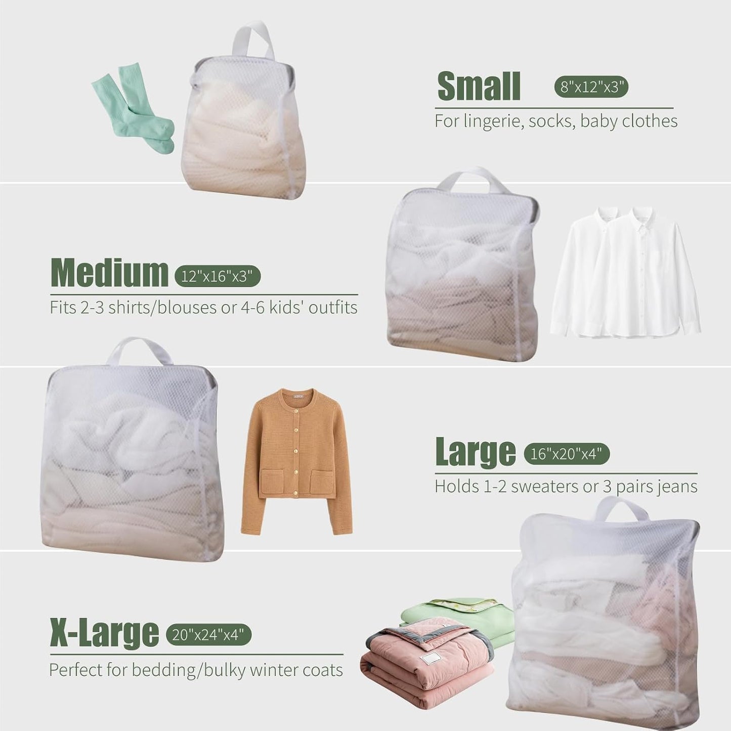 GWT 4Pcs 3D Mesh Laundry Bags with Hanging Handles (S/M/L/XL) - Durable Zippered Wash Bags for Delicates, Shoes & Bulk Clothes - Space-Saving Foldable Design