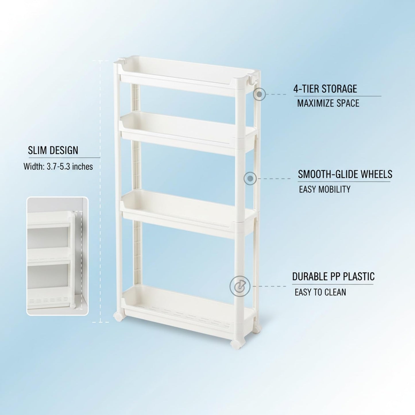 Slim Rolling Storage Cart, White | Plastic Utility Organizer, With Wheels, For Narrow Gaps, Kitchen and Bathroom