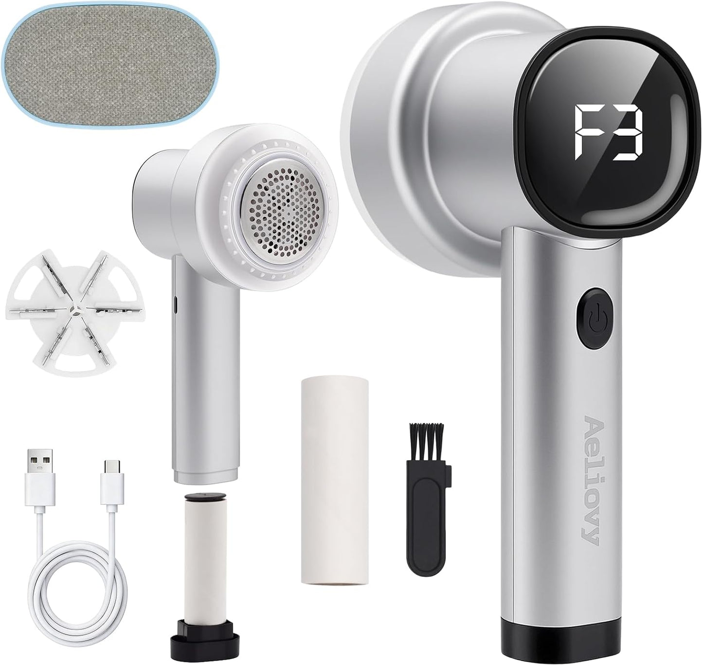 Fabric Shaver, 3 in 1 Lint Remover with Hair Remover Brush & Lint Rollers, Digital Led Display, 3 Speeds with Replaceable Blades, Remove Pilling for Clothes, Furniture, Sweater, Couch, Blanket, Pet