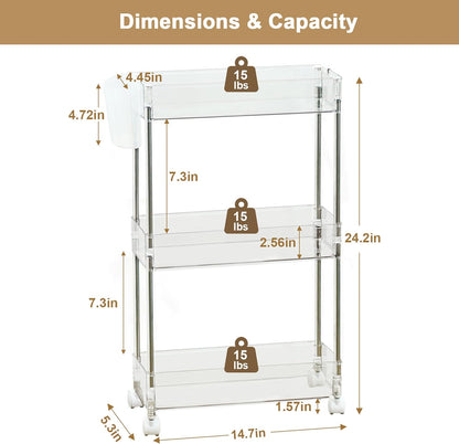 VECELO Storage Rolling Cart, 4 Tier Utility Cart Kitchen Slim Mobile Storage Unit Organizers with Wheels Hooks&Hanging Cups for Bedroom Bathroom Office Table Side in Narrow Places, White