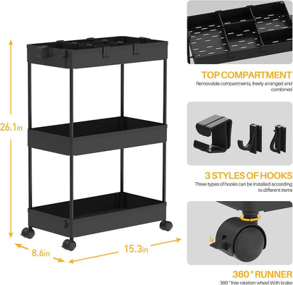 SPACELEAD 3 Tier Rolling Cart with Wheels, Storage Craft Art Trolley Organizer Serving, 3 Hanging Baskets Easy Assembly, for Office, Bathroom，Living Room, Kitchen, White