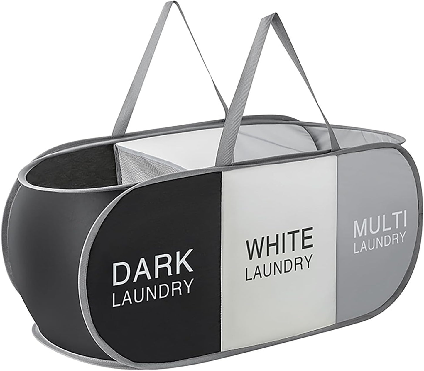 Pop Up Laundry Hamper 3 Section, Collapsible Laundry Basket with Carry Handles for Home, Laundry Room, Bedroom, Dorm, RV Travel (Black & Grey & Beige - 3 Compartments)