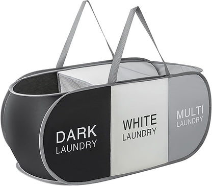Pop Up Laundry Hamper 3 Section, Collapsible Laundry Basket with Carry Handles for Home, Laundry Room, Bedroom, Dorm, RV Travel (Black & Grey & Beige - 3 Compartments)