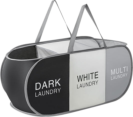 Pop Up Laundry Hamper 3 Section, Collapsible Laundry Basket with Carry Handles for Home, Laundry Room, Bedroom, Dorm, RV Travel (Black & Grey & Beige - 3 Compartments)
