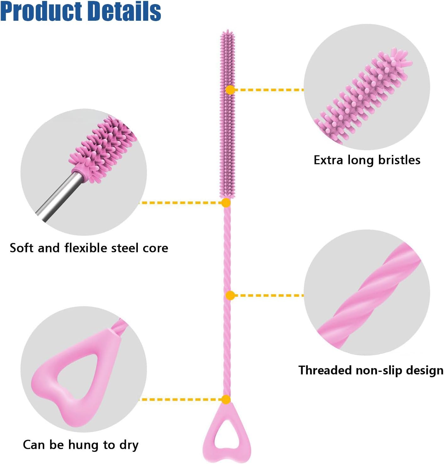 Silicone Straw Cleaner Brush, 2Pcs Reusable Cleaner Brush Extra Long, Straw Brush Bristles Cleaner for Cleaning Stanley Metal Glass Straws Drink Lid 0.24 Inch and 0.35 Inch