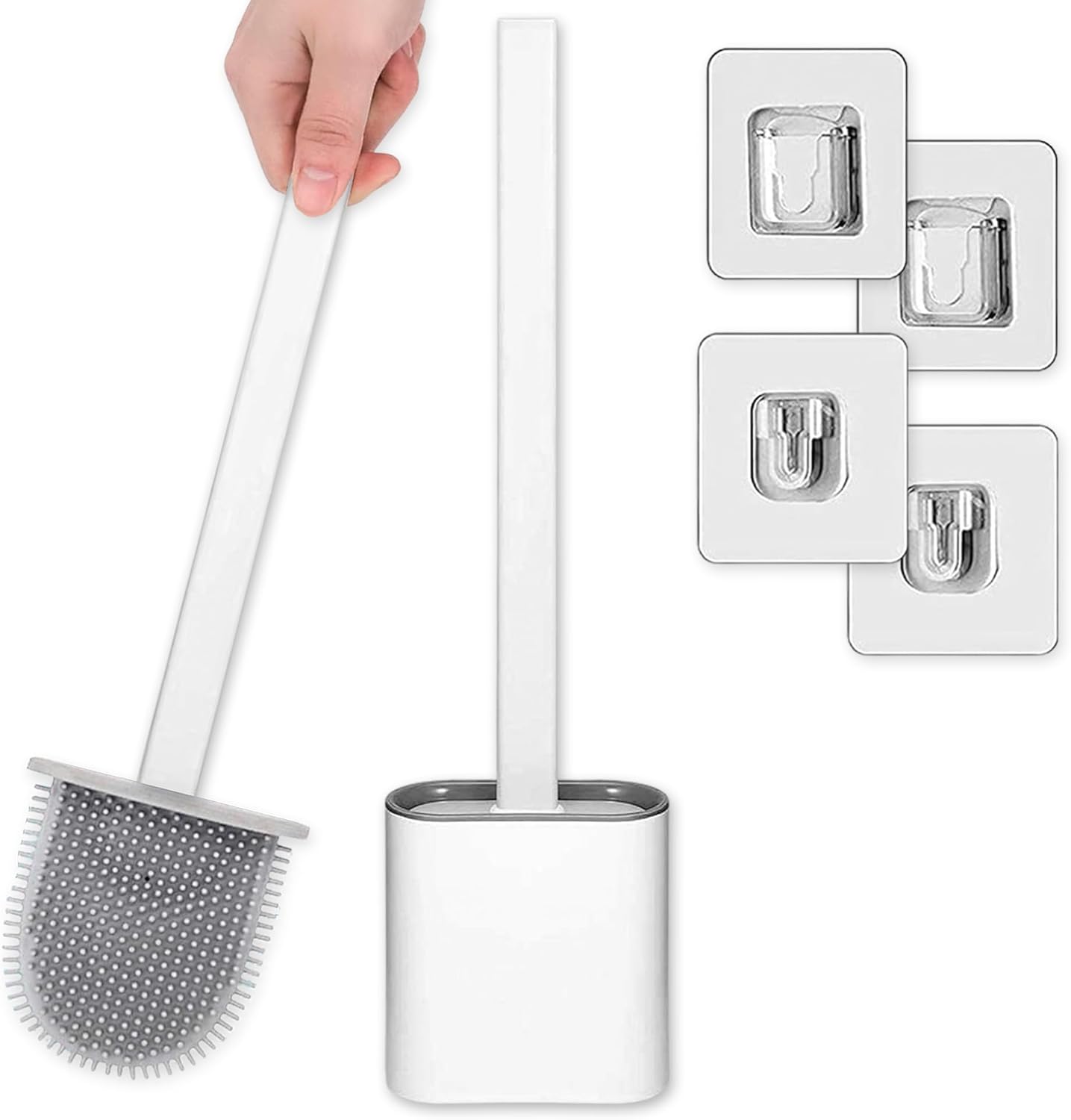 Brizk Silicone Toilet Brush Cleaner, 2 Pack Cleaning Tools, Toilet Brush with Quick Drying, Bathroom Cleaning, Silicone Bristles for Deep Cleaning, Wall and Floor Mount, Holder White