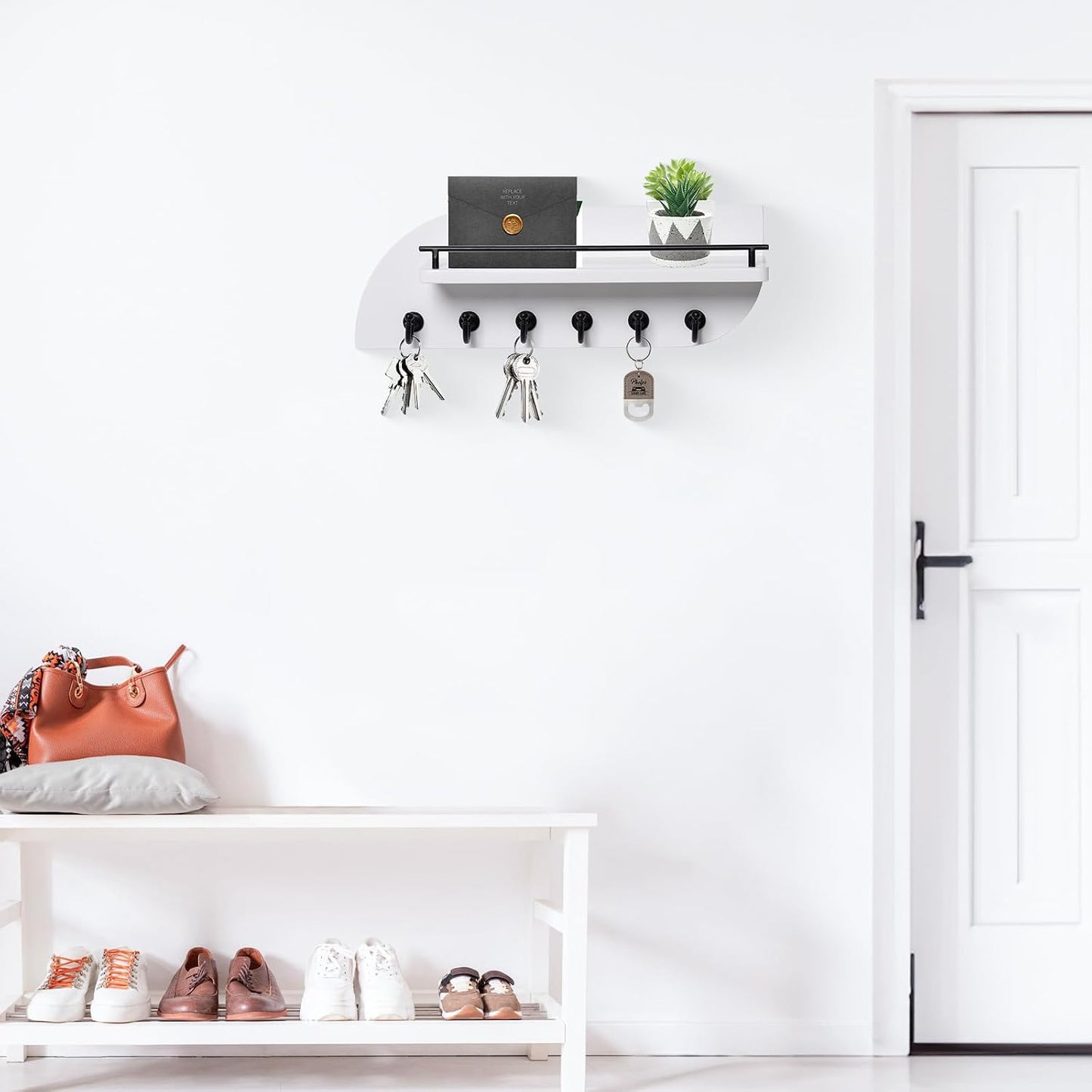 Key Holder for Wall, Decorative Key and Mail Organizer with 6 Sturdy Metal Hooks and Floating Shelf, 14 Inches Wood Wall Mounted Key Rack for Entryway, White and Gold