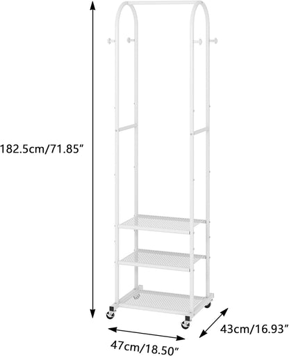 Kaitiemoo Heavy Duty Clothing Rack with Wheels,Modern Garment Rack with 3 Metal Shelves, 71.8Inches Display Rack for Hanging Clothes, Hanging Rod for Small Spaces,White