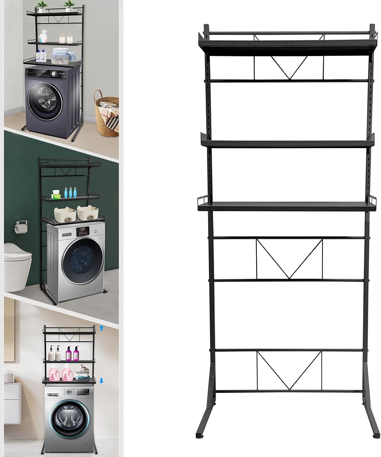 Over Washer and Dryer Shelves, Multi-functional 3 Tier Washing Machine Shelf, Laundry Room Storage Shelf, Space Saving Washing Machine Rack, Load Capacity 66 lbs (Black, 26.8'' x 18.3'' x 64'')