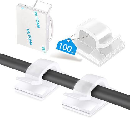 Abnii 100PCS Cable Clips, Adhesive Wire Clips Organizer Cord Clips Management, Cable Staples Outdoor Strong for Wall, Desk, Christmas Lights, String Lights, TV PC Ethernet Cable, Clear Small