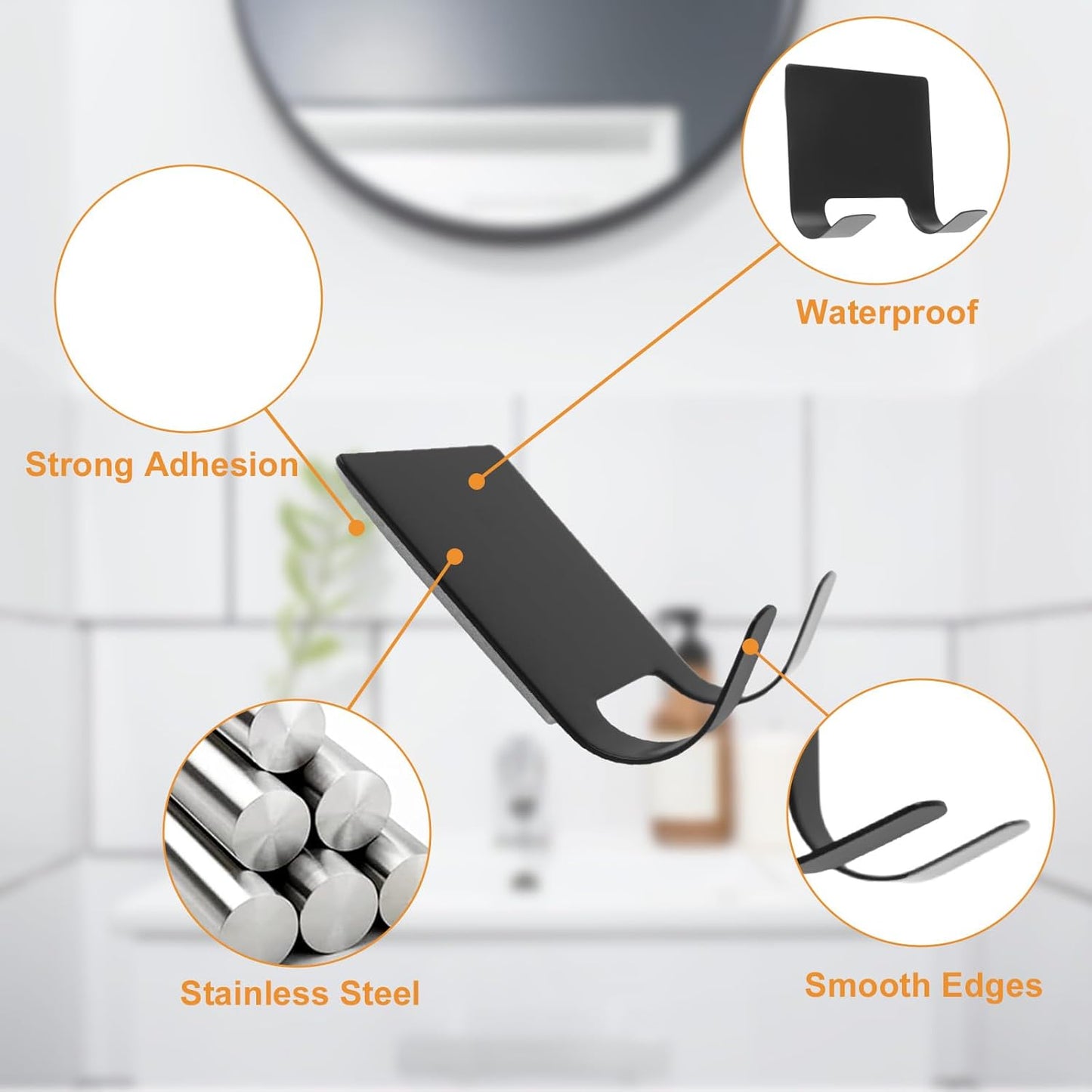 MOROBOR 4 Pcs Shower Squeegee Adhesive Hook, All-Purpose Scraper Holders Towel Hooks Stainless Steel Waterproof Storage Hook Bath Accessories for Kitchen & Bathroom（Silver）