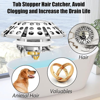 Anlige Bathroom Sink Drain Strainer, 2PCS 3 in 1 Pop Up Bathroom Sink Stopper with Removable Brass Basket Hair Catcher, Universal Sink Plug for 1.06 to 1.6in Drain Hole, Chrome Silver