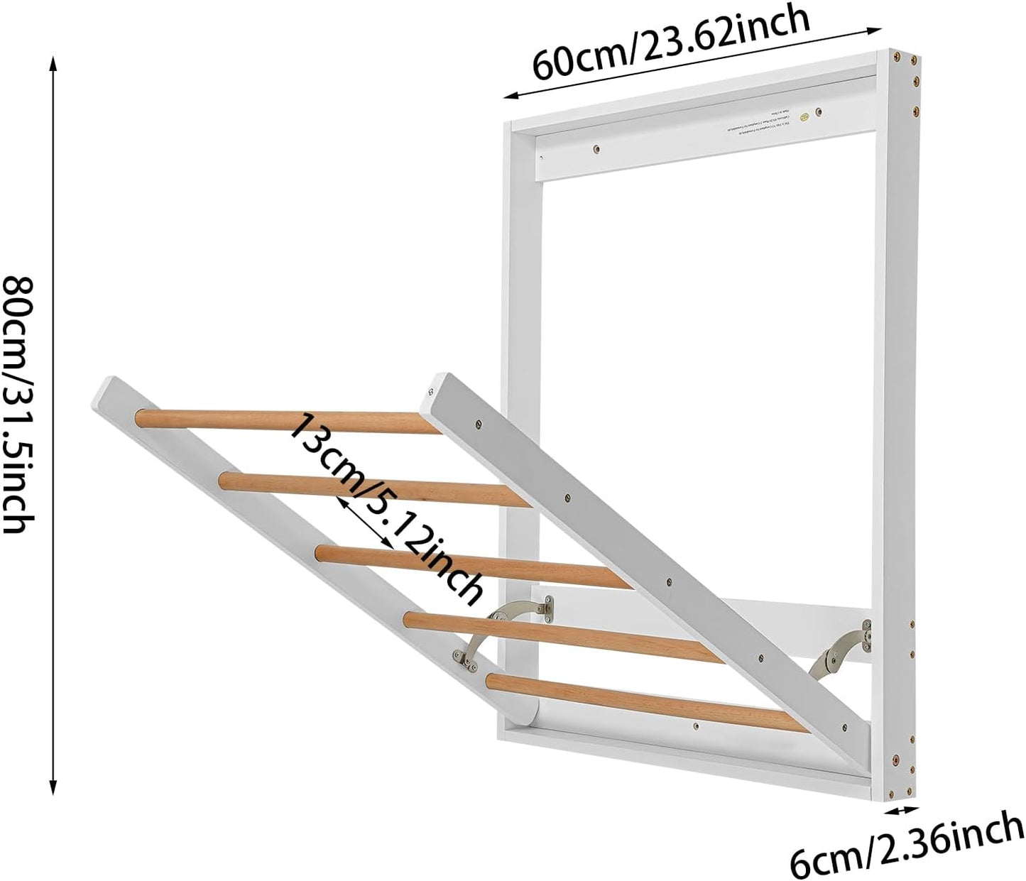 Wall Mounted Clothes Drying Rack, Foldable Wooden Laundry Dryer Rack for Indoor Use, Space Saving Drop-Down Design with Retractable Rods for Bathroom & Laundry Room (White)