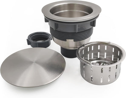 GZILA 3.5" Kitchen Sink Drain Strainer Assembly Kit with Stopper Cover, Removable Deep Waste Basket Replacement, SUS304 Stainless Steel Brushed Nickel, Add Decor Flat Lid