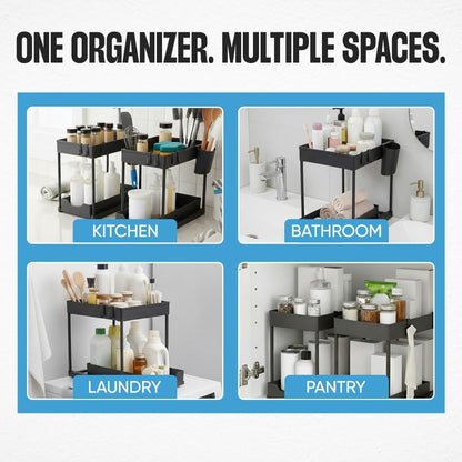 Undersink Organizer, 2-Tier Under Sink Storage Rack with Sliding Drawers for Kitchen Bathroom Cabinets, Pull Out Organizer for Pantry, Laundry Room & Closet Organization - 1 Pack, Black