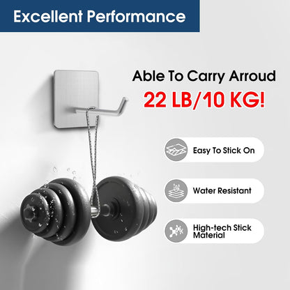 Hawsam 6 Pack Self Adhesive Wall Hooks for Hanging Heavy Duty 44LB(Max) Adhesive Towel Hooks 304 Stainless Steel Sticky Hooks for Robe Coat, Waterproof Shower Hooks for Bathroom Kitchen
