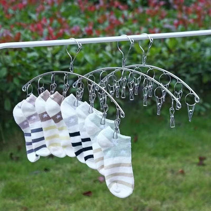Stainless Steel Laundry Drying Rack Clothes Hanger with Windproof Hook,Underwear Hanger,Clothes Hangers with 8 Clips for Drying Socks,Diapers,Baby Clothes(2 Pack)