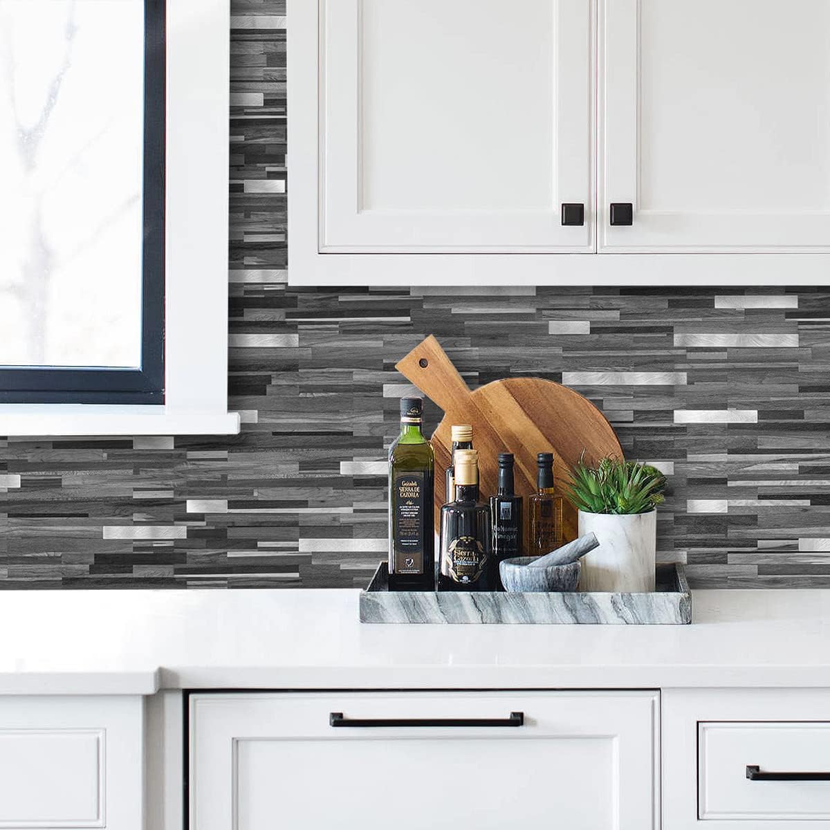 AULIGET 20 Sheets Peel and Stick Backsplash, Black & Grey Wood Look PVC Mixed Metal Stick on Backsplash Tiles for Kitchen