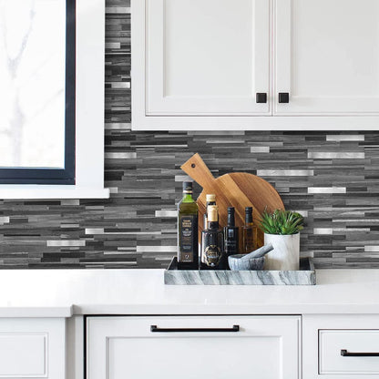 AULIGET 20 Sheets Peel and Stick Backsplash, Black & Grey Wood Look PVC Mixed Metal Stick on Backsplash Tiles for Kitchen