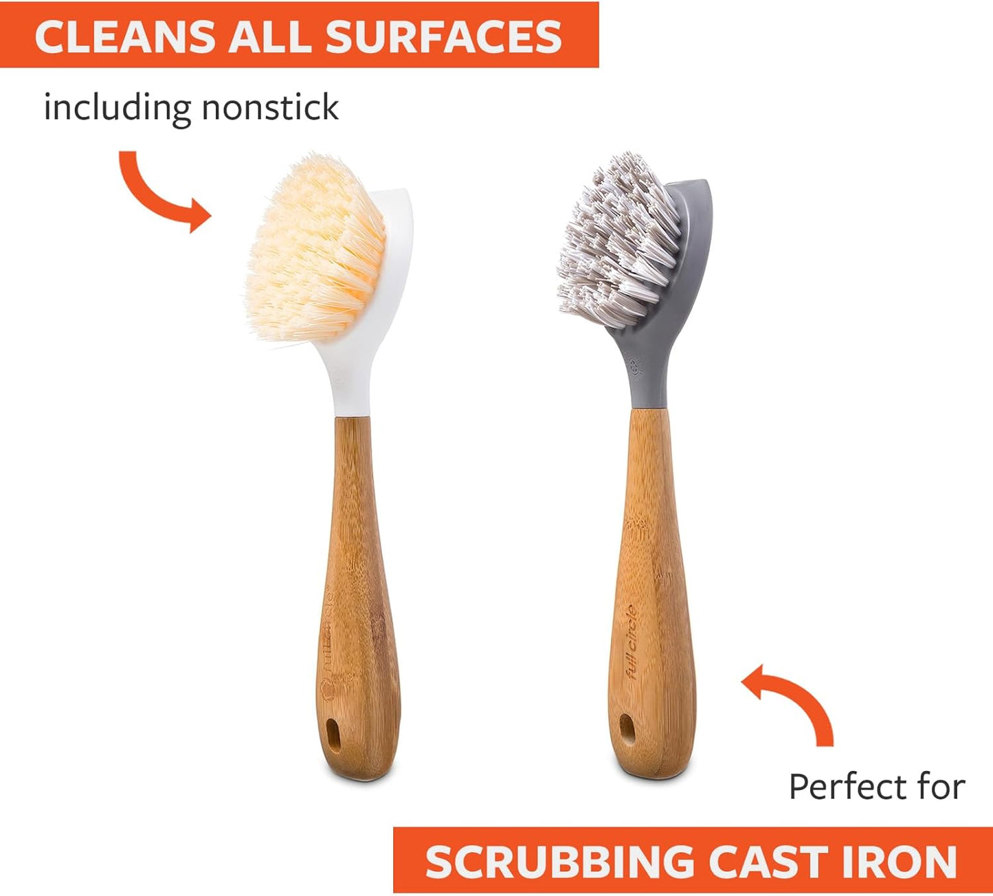 Full Circle Skillet Strong Cast Iron Bamboo Dish Brush and Scraper – Durable Kitchen Scrub Brush for Dishes, Pots, Pans, and Cast Iron, Sustainable, Made with Recycled Plastic