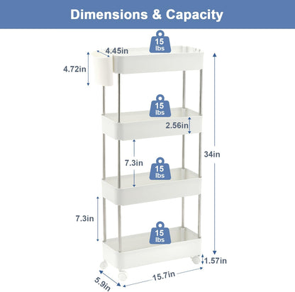 VECELO Storage Rolling Cart, 4 Tier Utility Cart Kitchen Slim Mobile Storage Unit Organizers with Wheels Hooks&Hanging Cups for Bedroom Bathroom Office Table Side in Narrow Places, White