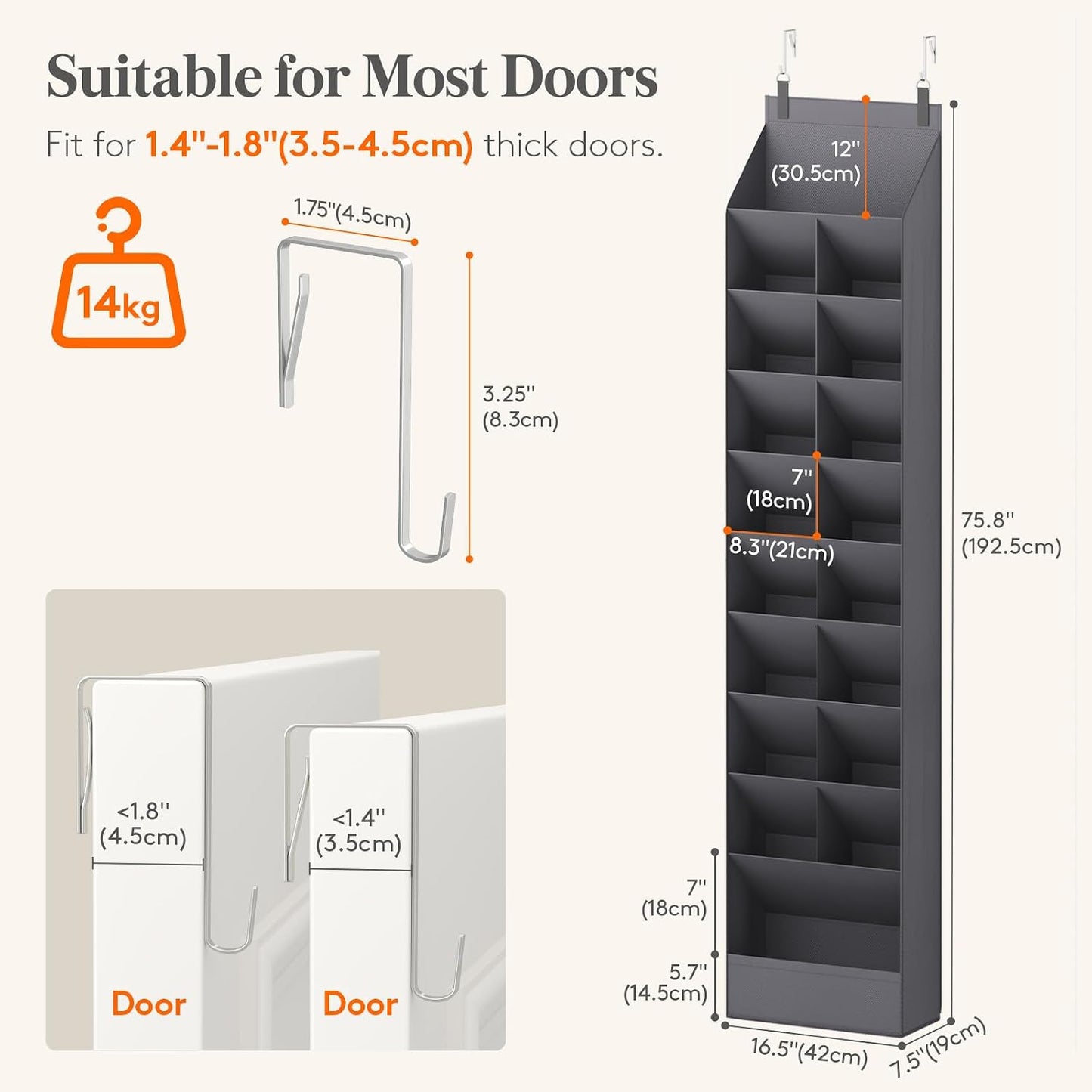 Lifewit 6 Tier Over the Door Shoe Organizer with 11 Large Deep Pockets, Fabric Hanging Shoes Shelf for Closet, Dorm Storage, Fit Up to 12 Pair Shoe Rack Holder for Sneakers, Boots, Gray