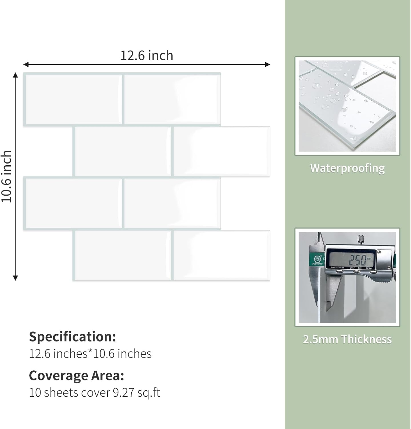 10-Sheet Thick Peel and Stick Kitchen Backsplash Tiles(Green,12"×12") | 3D Subway Waterproof Self-Adhesive Wall Tile Stick on Backsplash for Kitchen and Bathroom