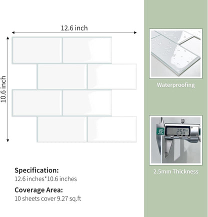 10-Sheet Thick Peel and Stick Kitchen Backsplash Tiles(Green,12"×12") | 3D Subway Waterproof Self-Adhesive Wall Tile Stick on Backsplash for Kitchen and Bathroom