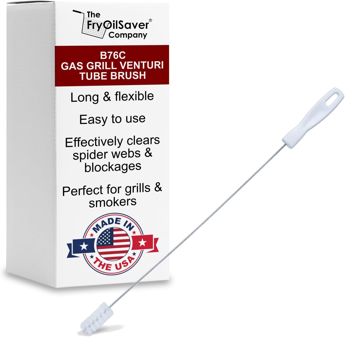 Gas Grill Tube Cleaner with Spring Stem - Premium Venturi Brush for Burner Maintenance - Cleans Grease, Debris - Prevents Blockage, Flare-Ups & Heat - Long, Bendable Design B76C by FryOilSaver Co.