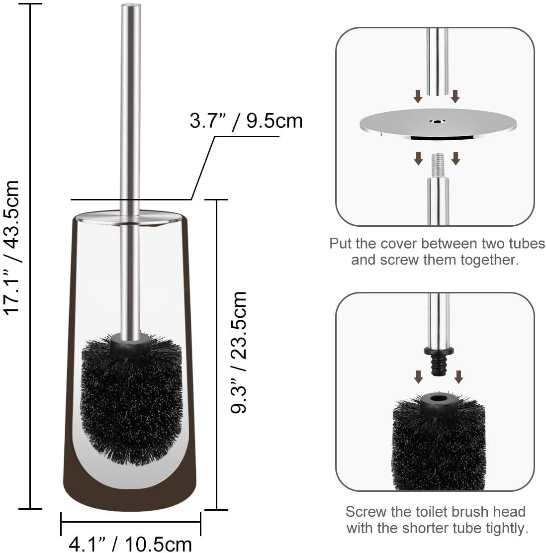 Toilet Brush and Holder, 2 Pack Toilet Brush with 304 Stainless Steel Long Handle, Toilet Bowl Brush for Bathroom Toilet-Ergonomic, Elegant,Durable (White)