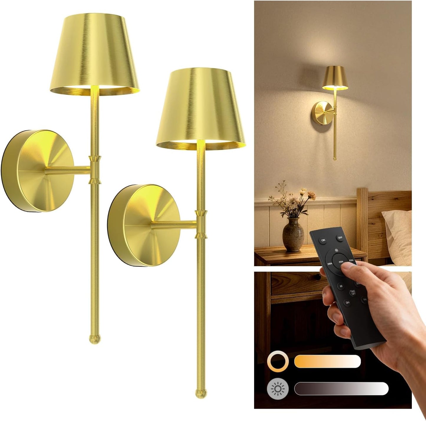 UME Wireless Sconces Set of 2 with Remote, 5200mAh Battery Powered Sconces - Small Rechargeable Sconces w/ 3 Color Temps & 5 Brightness Levels for Bedroom, Living Room, Wall Painting, Cafe (Black)