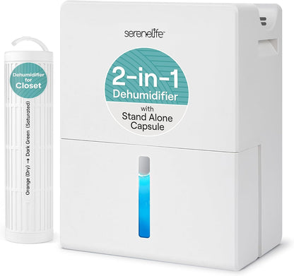 SereneLife Dehumidifier, Quiet 2-in-1 Thermoelectric & Desiccant Dehumidifiers for Home, 85 oz Tank Drying Base w/Small Room Attachment, Smart Humidity Control for Basement, Bathroom, Bedroom, Closet