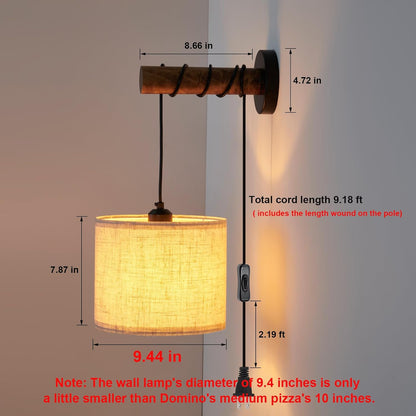XSDeTu Rechargeable Battery Operated Wall Sconces Set of 2, Modern Battery Powered Wall Light with Wooden Arm & Remote Control, Adjustable 3 Colors Dimmable Wall Lamps for Bedroom, Living Room