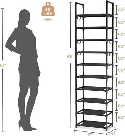 VTRIN 10 Tiers Tall Shoe Rack Holds 20-25 Pairs of Shoes Sturdy Vertical Shoe Organizer with 18pcs Hooks Stackable Narrow Shoe Rack for Closet, Entryway Black