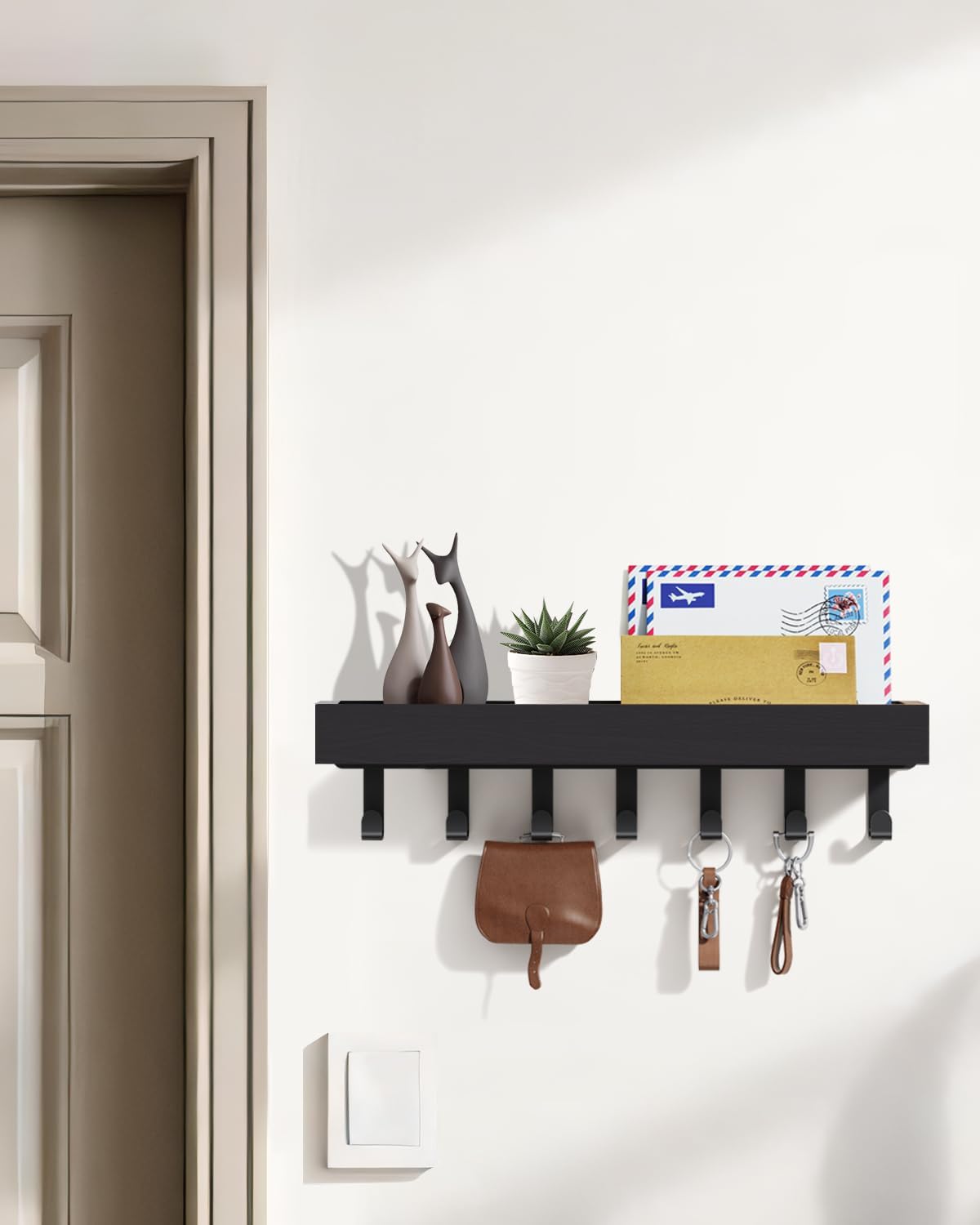 Key Holder Wall Mount Adhesive Magnetic - Hanging Key Hooks with Mail Organizer for Wallet House Accessories - Keys Hanger Rack with Shelf for RV Camper Entryway Door Home Living Room Decor Black