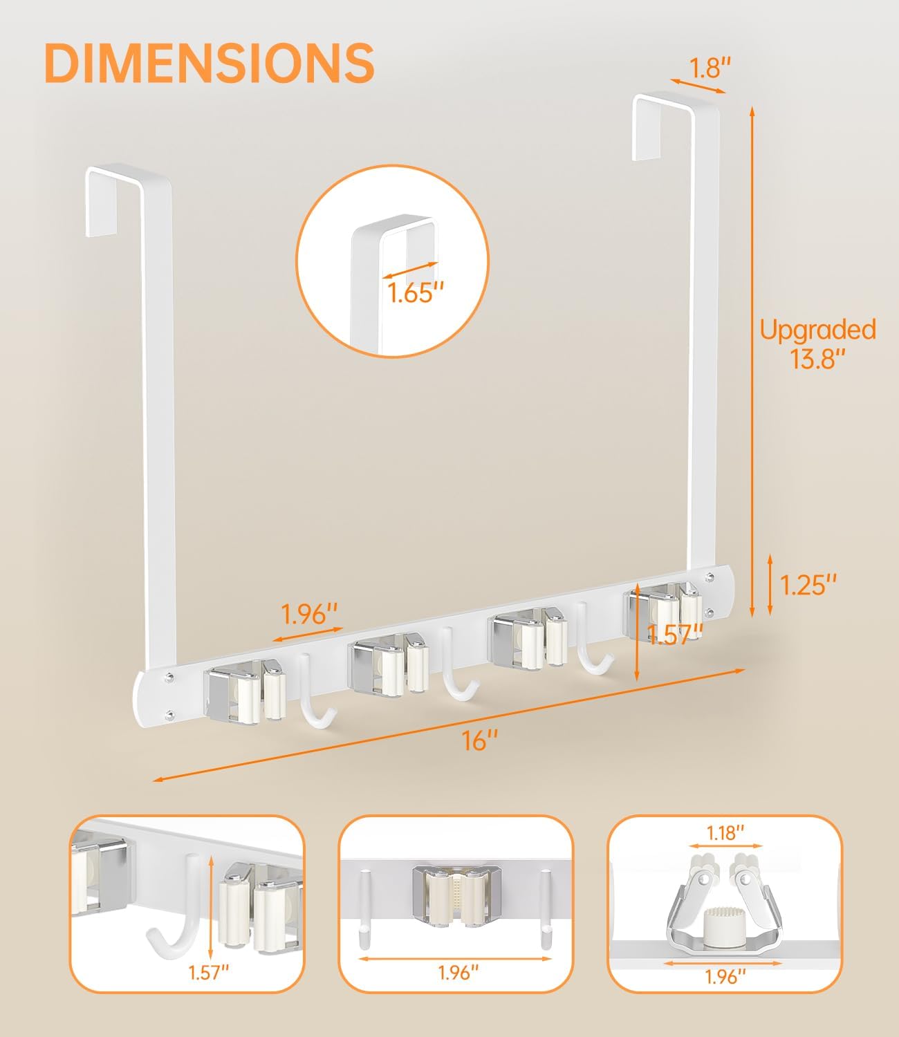 Broom Holder Over The Door - 304 Stainless Steel Mop and Broom Holder Wall Mounted or Hanging Over The Door with Hooks - Broom Hanger - white, Broom Storage Tool Organizer for Closet Laundry