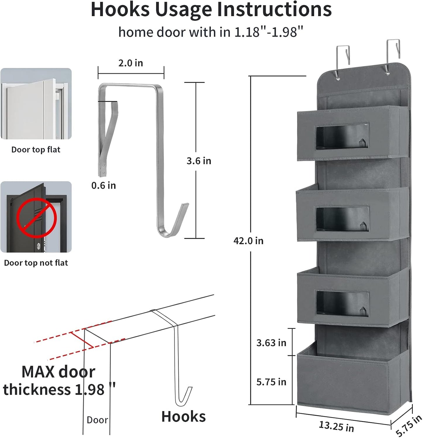 MAX Houser 4-Shelf Over The Door Hanging Organizer with 2 Metal Hooks, Gray | 4 Pocket Swing-proof Behind Door Organizers with Clear Windows for Bathroom Closet, Dorm