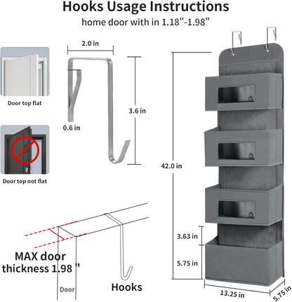 MAX Houser 4-Shelf Over The Door Hanging Organizer with 2 Metal Hooks, Gray | 4 Pocket Swing-proof Behind Door Organizers with Clear Windows for Bathroom Closet, Dorm