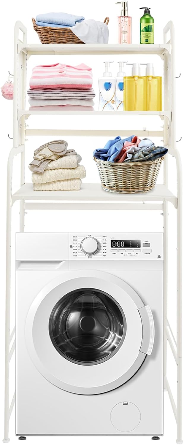 Over Washer and Dryer Shelves,3 Tiers Laundry Room Storage Organization Clothes Drying Rack,Adjustable Height Laundry Room Standing Shelf with Hanger Guard Rail&Hook,Space Saving Shelf (Gray)