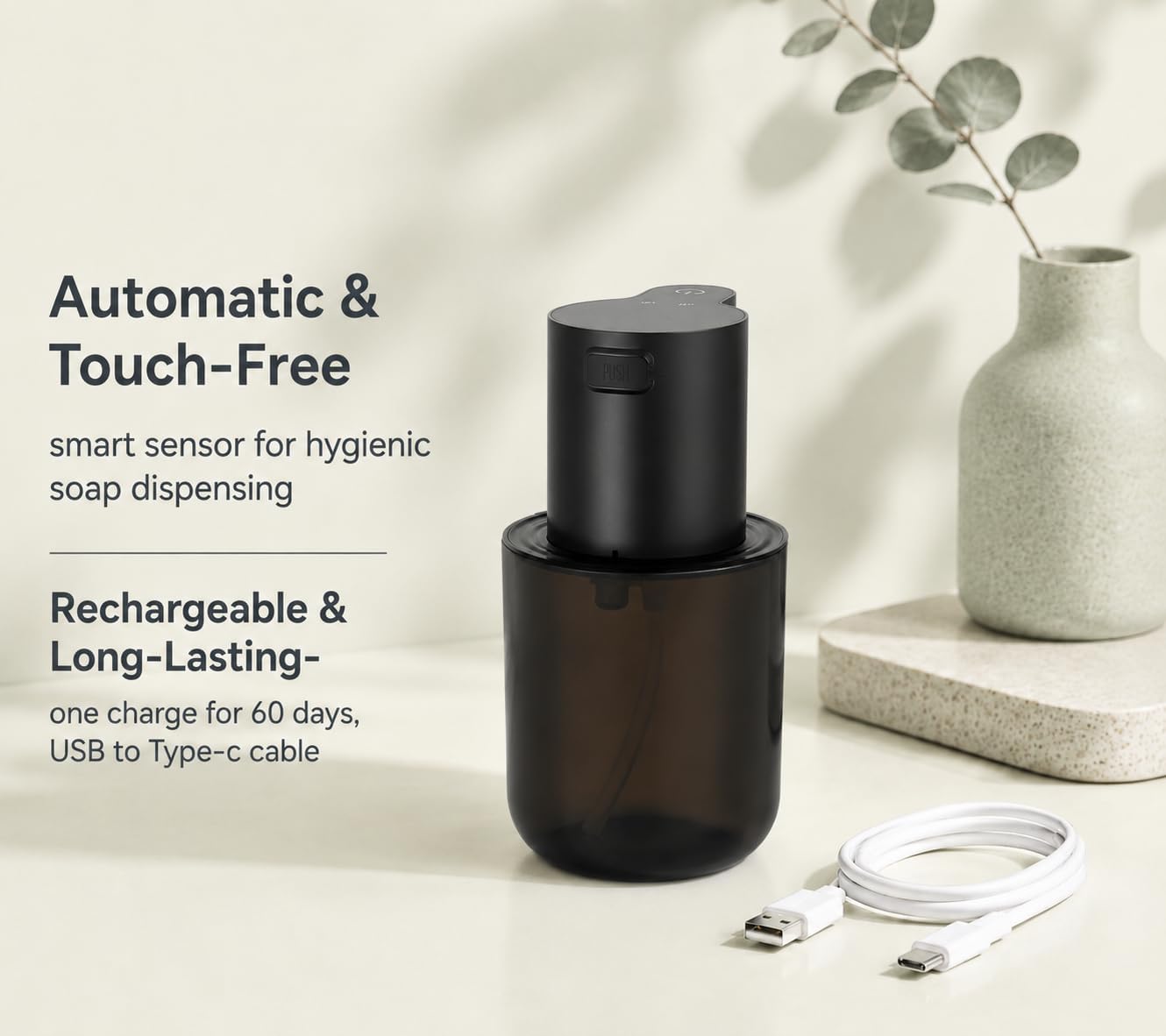 Automatic Foaming Soap Dispenser, 4-Level Touchless Hand Soap Dispenser, USB-C Rechargeable, Wall Mount or Countertop, 13.5oz/400ml, for Bathroom, Kitchen, Office, Hotel, Black
