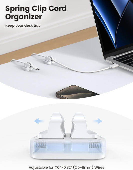 Lamicall 8 Pack Cord Organizer, [1s Lock] Spring Cable Management Clips - Adhesive Phone Cord Holder Clips for Nightstand Desk Car Office Home College Dorm Room, Desk Organizer Accessories, White