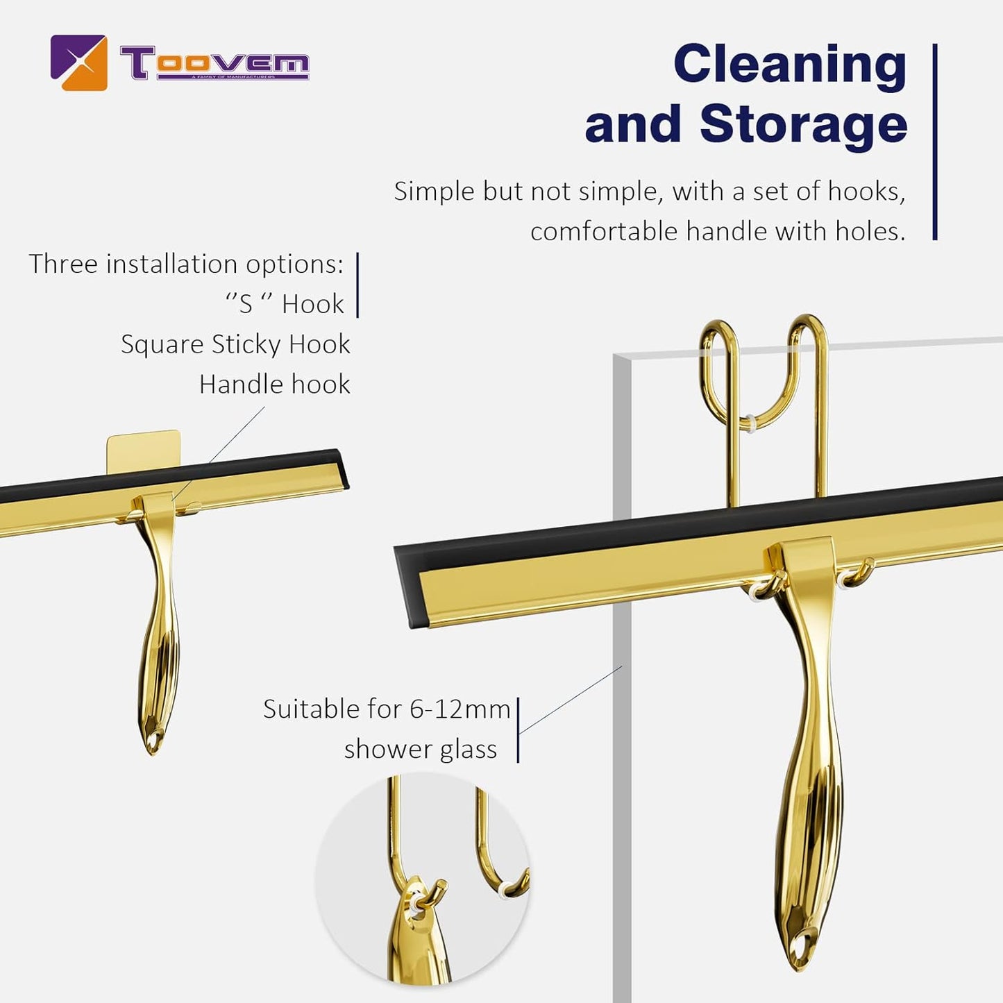 TOOVEM 12 Inch Shower Squeegee for Glass Doors, Window, Bathroom, Car Windshield, Shower Cleaning Tools with S Hook, Square Sticky Hook（Gold）