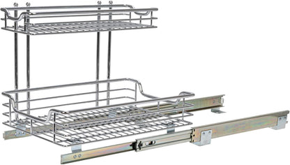 Household Essentials Glidez 2‑Tier Multipurpose Chrome‑Plated Steel Pull‑Out/Slide‑Out Under Sink Organizer, Chrome Finish