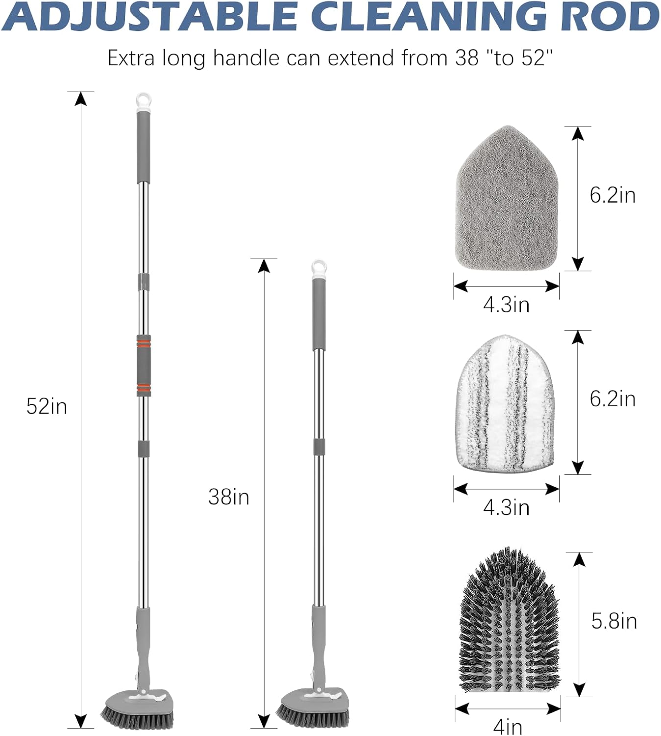 SetSail Tile Tub Scrubber Brush 3-in-1 Shower Scrubber with 52-inch Adjustable Long Handle Shower Cleaner Brush and 3 Detachable Replacement Brush Heads for Cleaning Bathroom Kitchen Walls Tub Tile